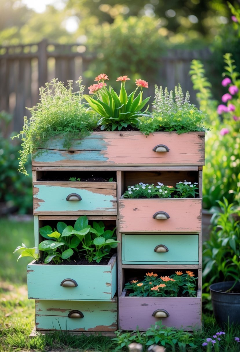 Stacked old painted drawers repurposed as planters filled with green plants and flowers in a garden.