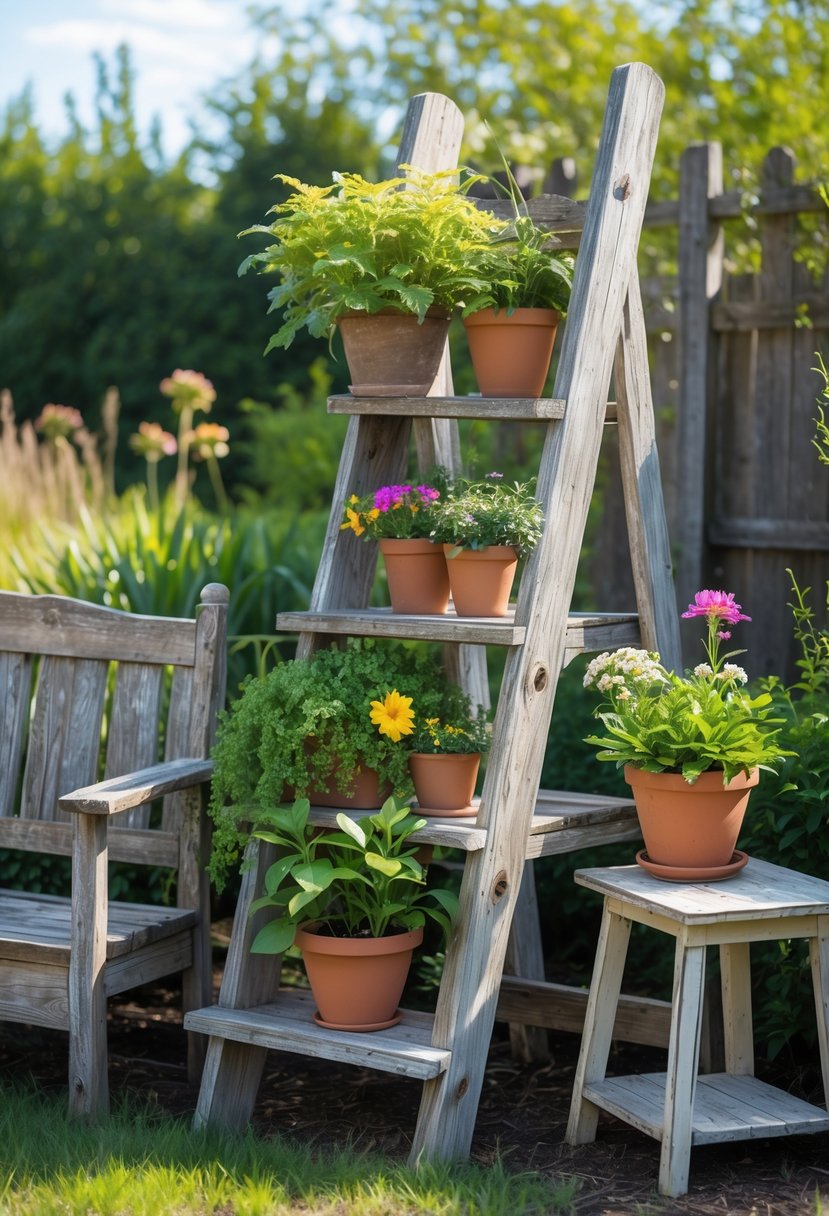 A weathered wooden ladder used as a plant stand with various potted plants, surrounded by old wooden garden furniture in a sunny garden.