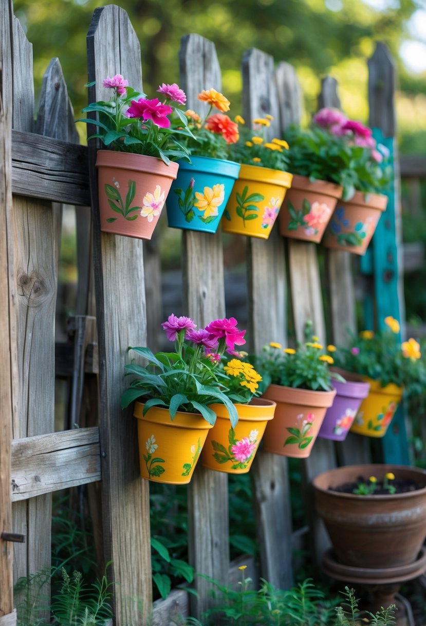 A rustic wooden fence with hand-painted flower pots hanging on it, filled with colorful flowers, next to old wooden furniture in a garden.