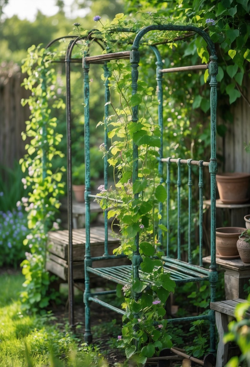 Antique metal bed frames used as supports for climbing vines in a garden surrounded by rustic furniture and plants.