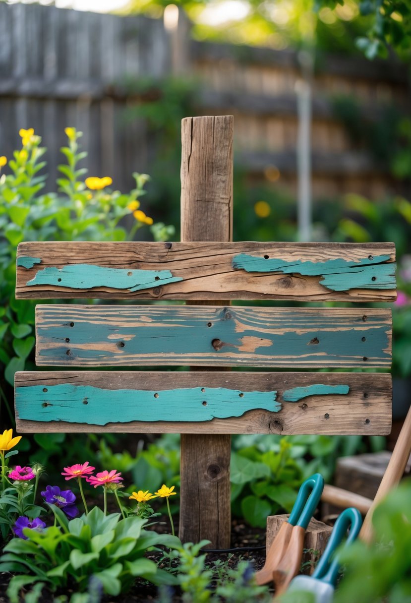 A rustic wooden garden sign made from reclaimed old furniture pieces surrounded by plants and flowers in a garden.