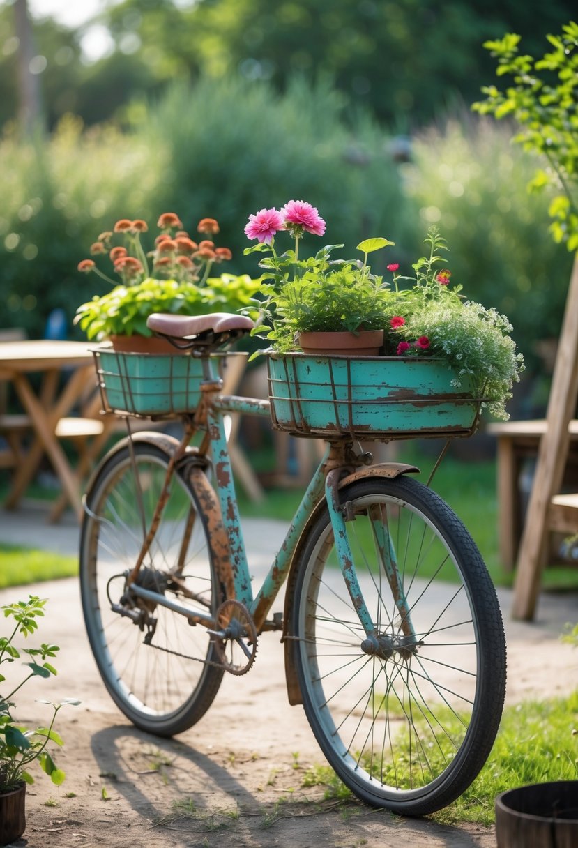 An old bicycle frame used as a planter stand holding several potted plants in a garden setting.