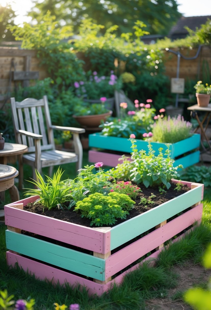 A garden with painted wooden crates used as raised beds filled with plants and flowers, surrounded by old wooden furniture.