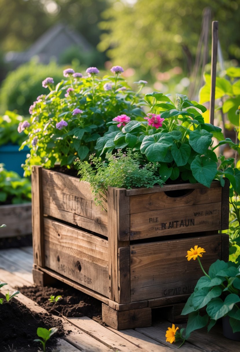 An old wooden wine crate used as a planter box filled with green plants and colorful flowers in a garden setting.
