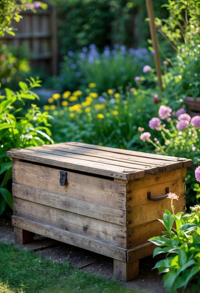 A rustic wooden chest used as a garden seat surrounded by plants in a garden.