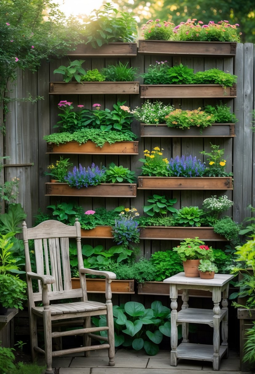 A vertical garden made from old wooden trays and rustic furniture filled with green plants and flowers in an outdoor garden.