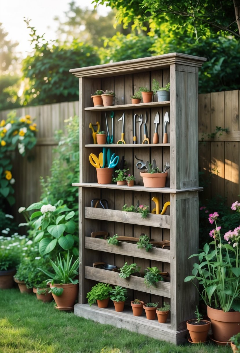 An old wooden bookshelf repurposed to hold garden tools and supplies in a garden surrounded by plants and flowers.