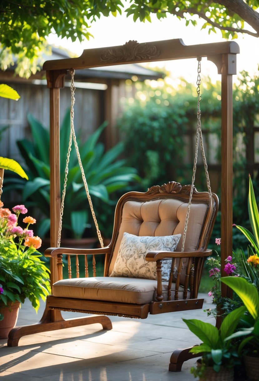 A retro wooden chair swing with cushions on a patio surrounded by green plants and flowers.