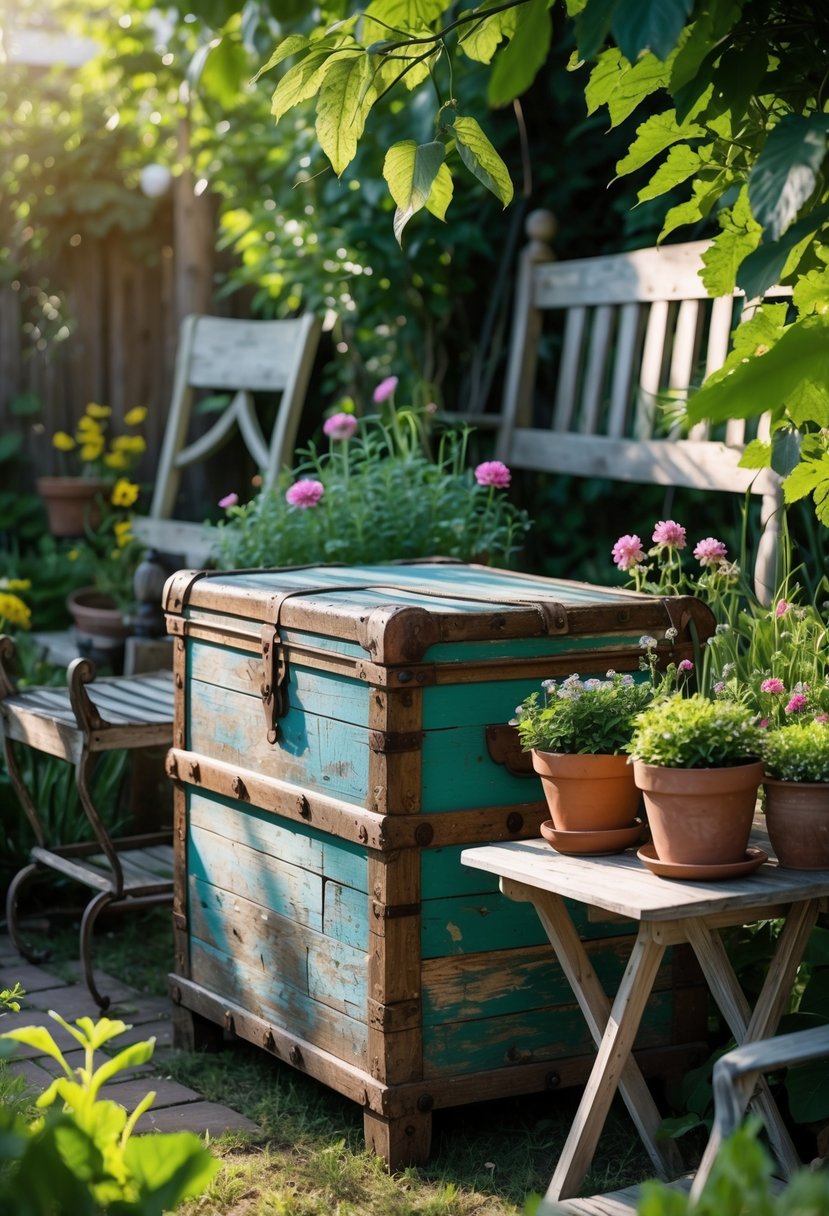 A garden with a weathered wooden trunk used for storage, surrounded by plants and old garden furniture.