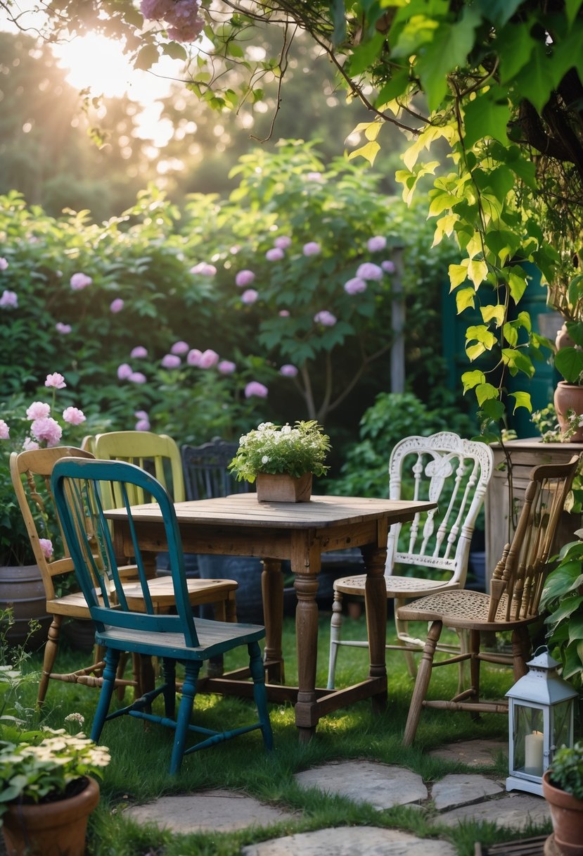 A cluster of mismatched vintage chairs arranged around a wooden table in a green garden with plants and sunlight.