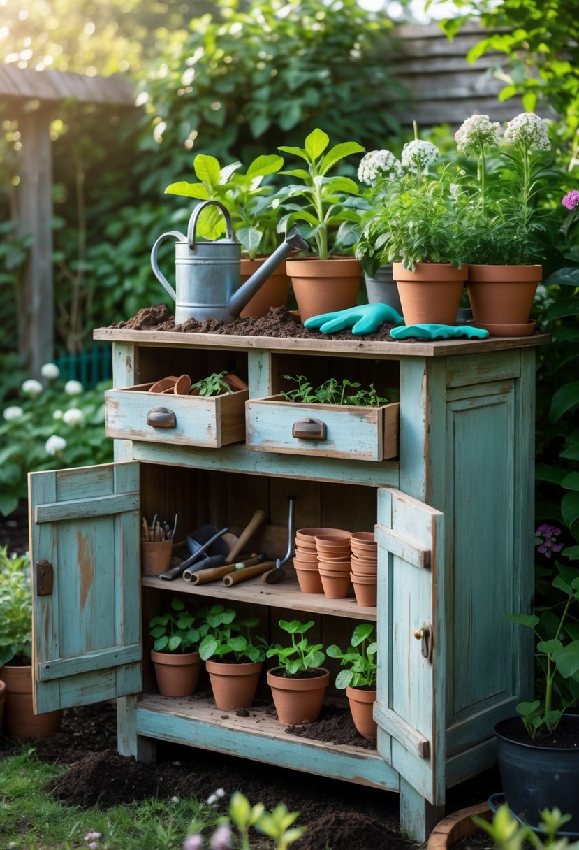 An old wooden cabinet used as a potting station with gardening tools and potted plants in a garden.