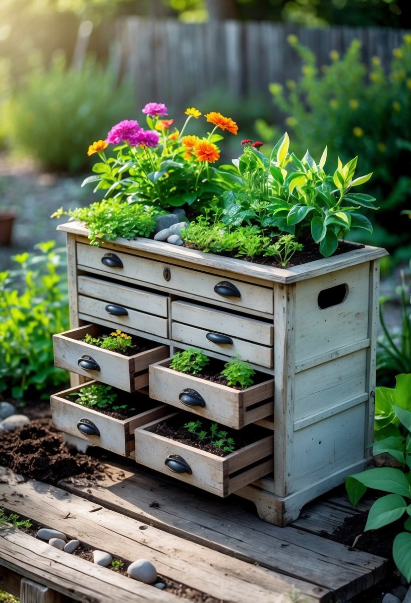 A vintage wooden tool chest used as a planter with green plants and flowers growing from its drawers, set outdoors in a garden.