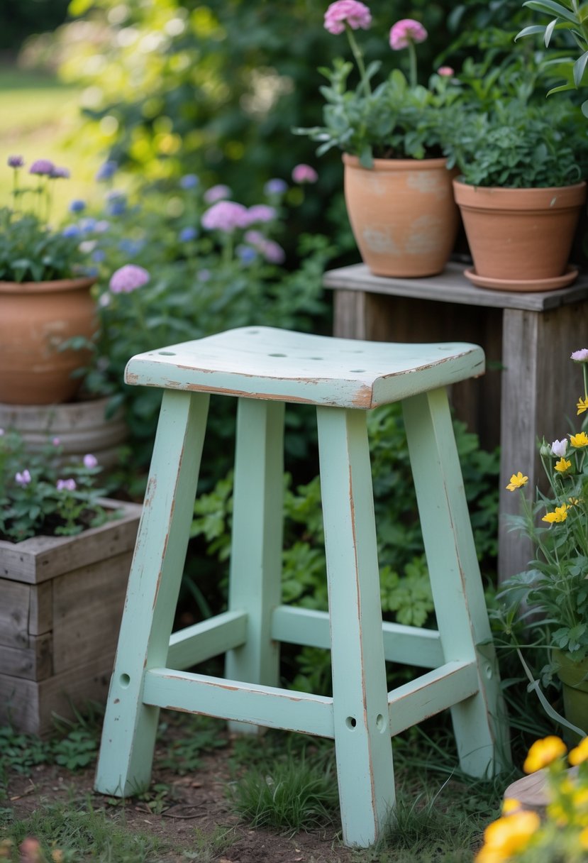 A worn garden stool that has been repainted, placed outdoors among plants and flowers in a garden.