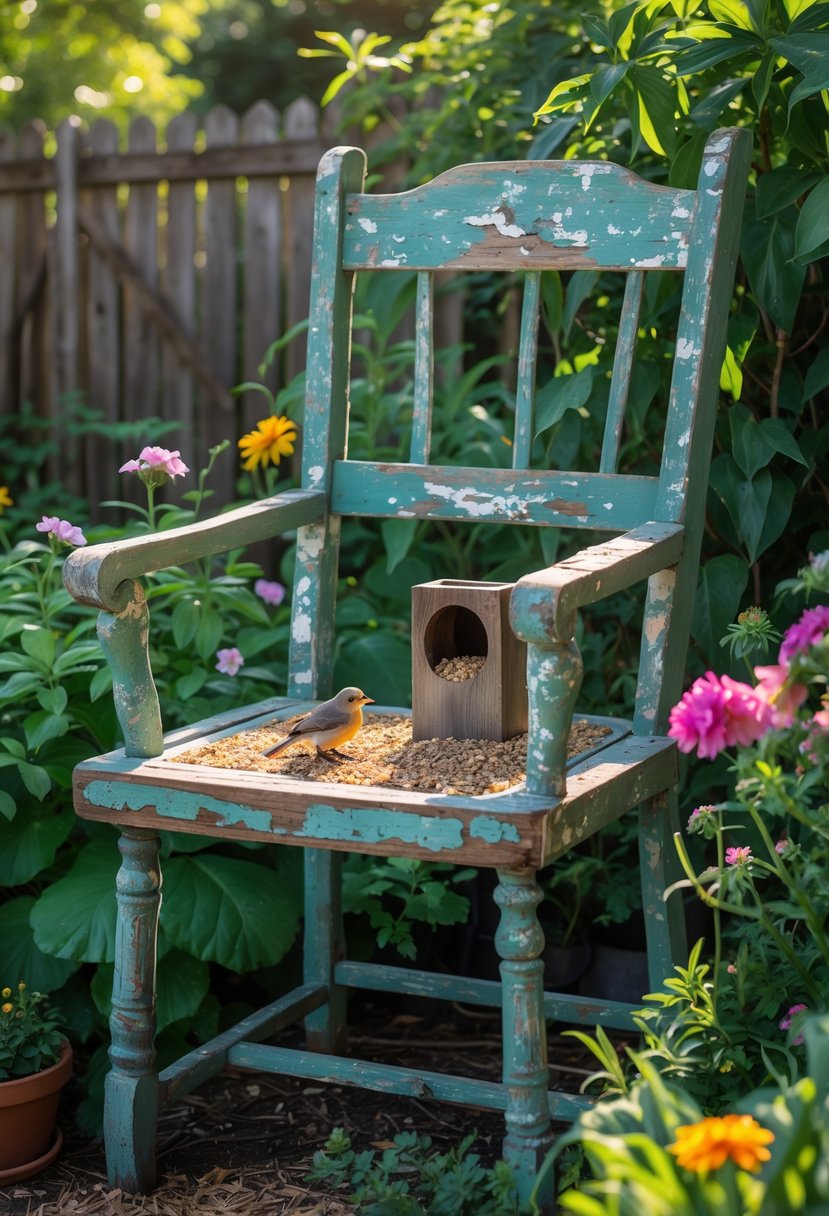A broken wooden chair turned into a bird feeder in a garden with plants and a bird feeding on the seat.