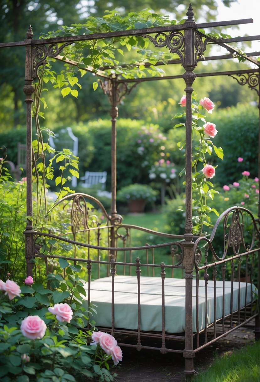 A vintage metal bed frame used as a garden trellis surrounded by green plants and colorful flowers in a garden.