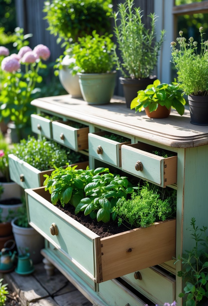 A retro wooden dresser with open drawers filled with fresh herbs in a garden setting.