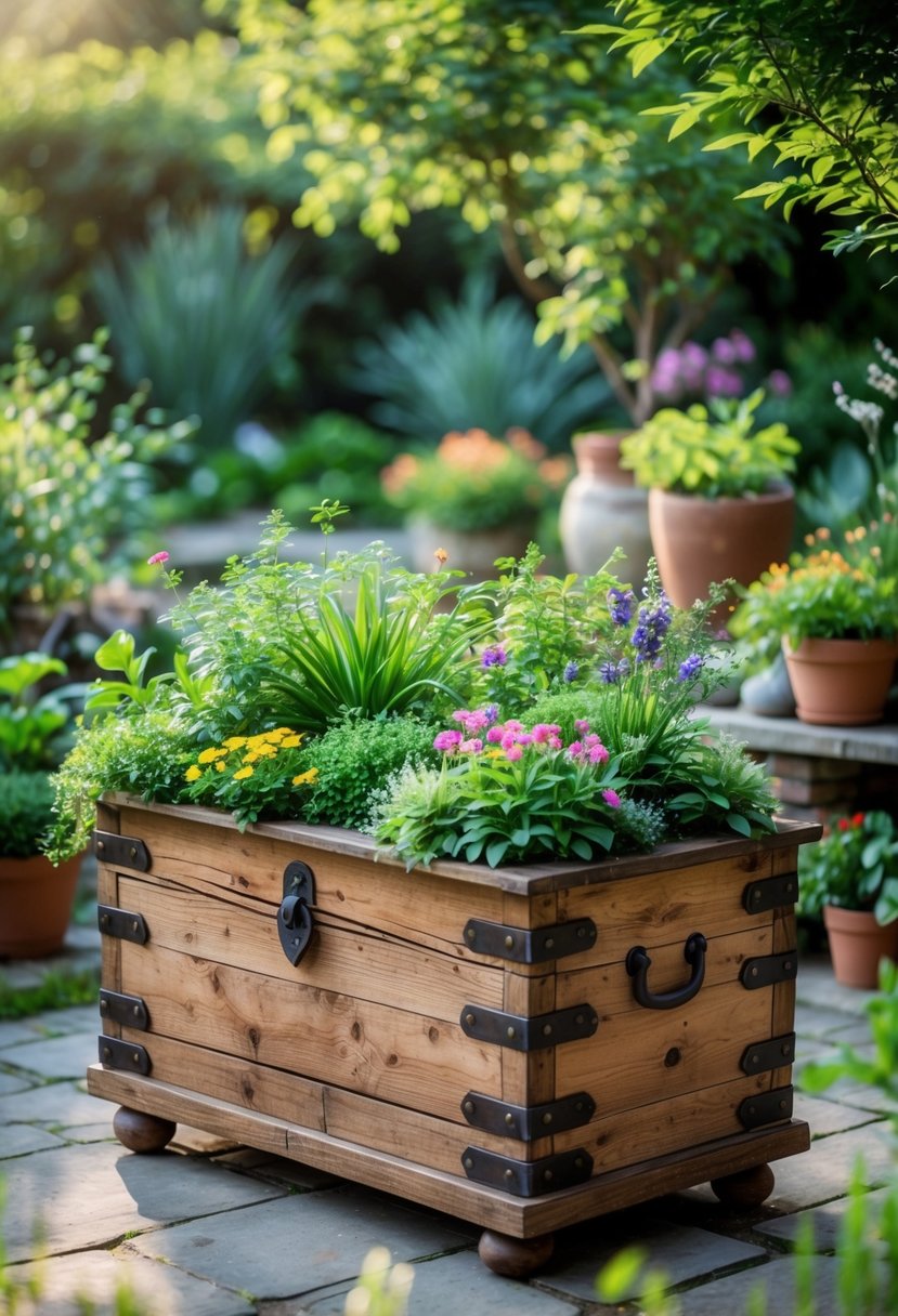 A wooden chest repurposed as a planter filled with green plants and flowers in a garden setting.