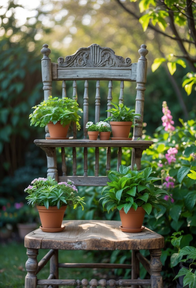An antique wooden chair used as a shelf holding potted plants in a garden surrounded by greenery and flowers.