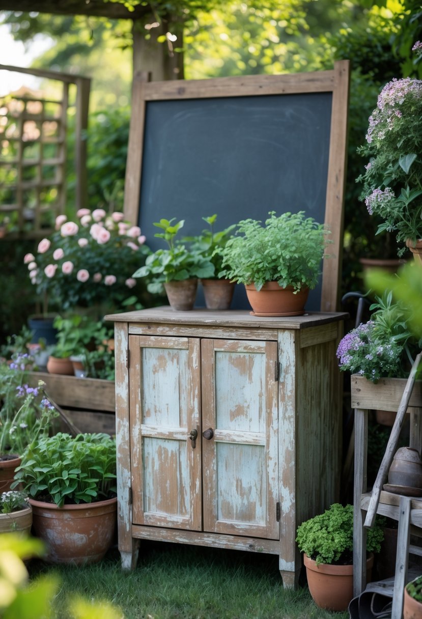 An old wooden cabinet outdoors surrounded by plants and garden greenery with a blank chalkboard garden sign nearby.