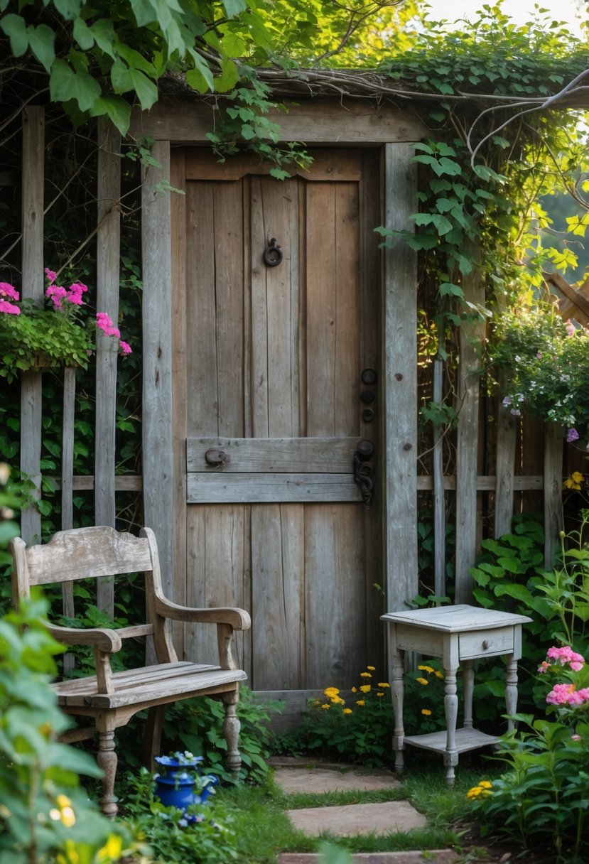 A worn wooden door set in a rustic garden fence surrounded by old wooden garden furniture and green plants with flowers.