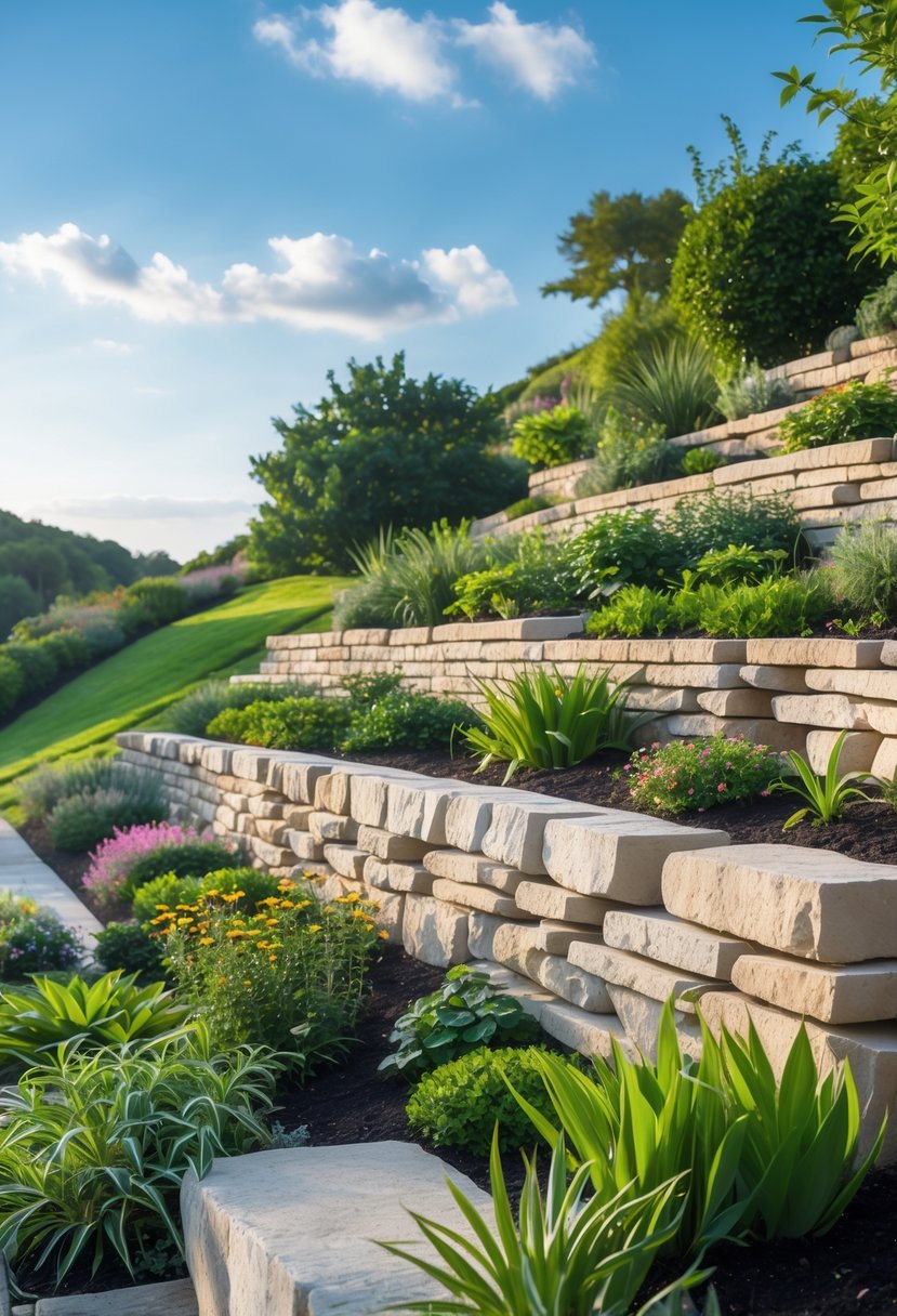 A hillside garden with simple stone retaining walls forming terraced planting beds filled with green plants and colorful flowers under a clear sky.