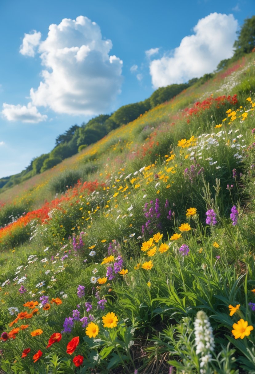 A hillside covered with colorful wildflowers under a clear blue sky.