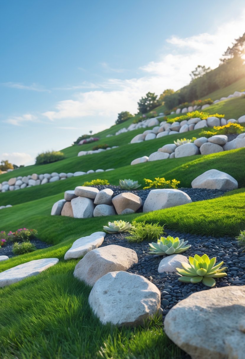 A hillside with several simple rock gardens made of stones and small plants under a clear blue sky.