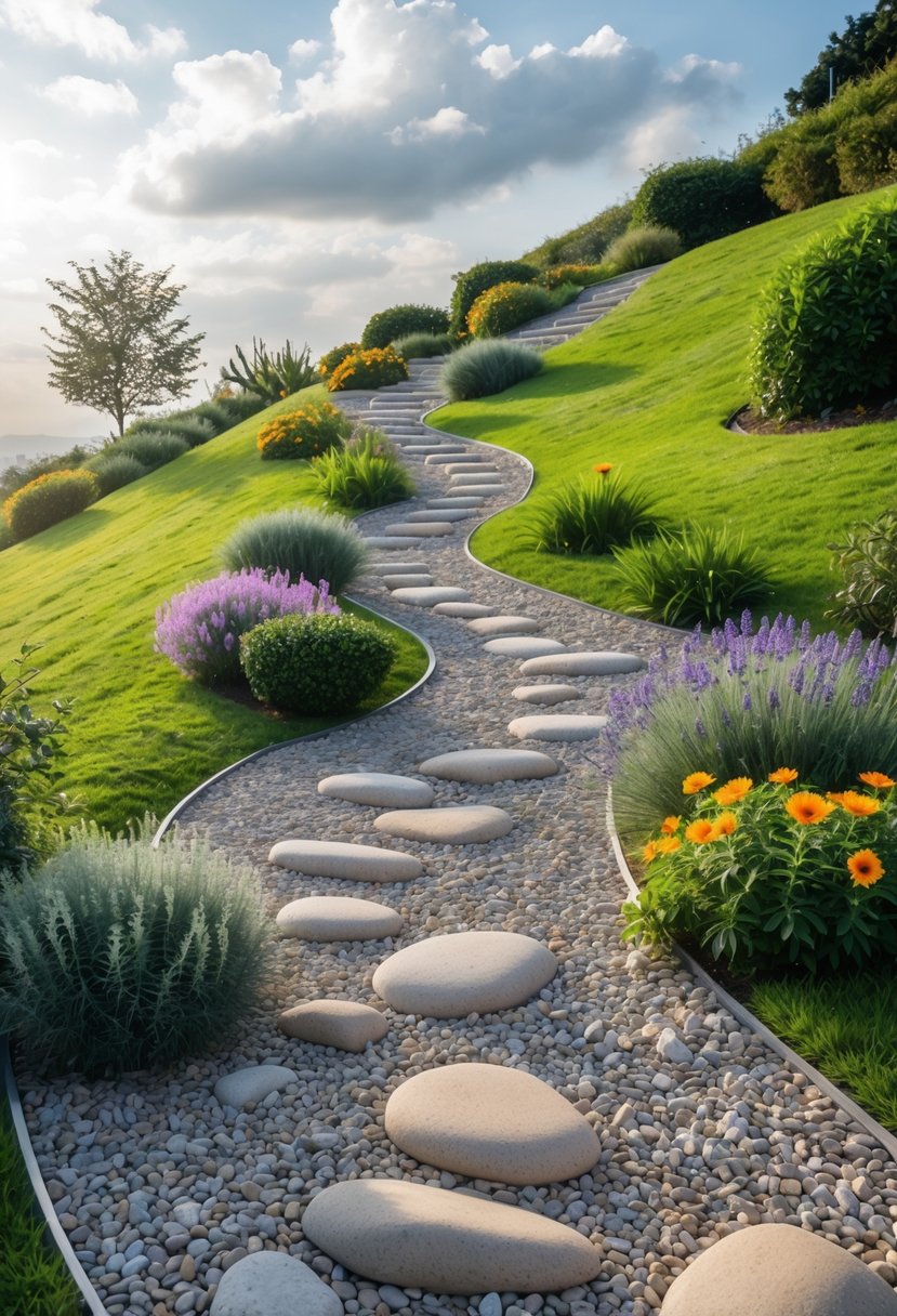 A pebble pathway winding up a grassy hill surrounded by flowering plants and shrubs under a partly cloudy sky.