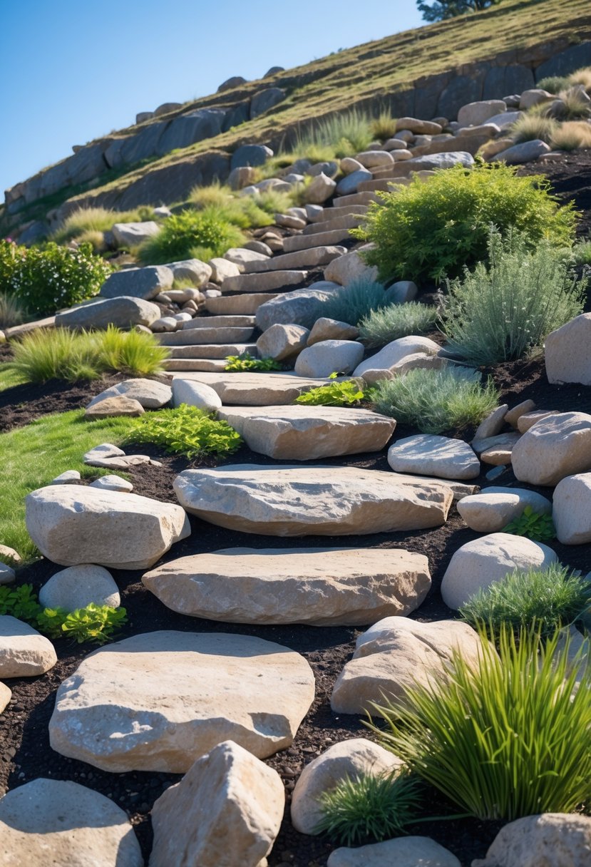 A rock garden made of native stones arranged on a grassy hill with plants growing around the rocks.