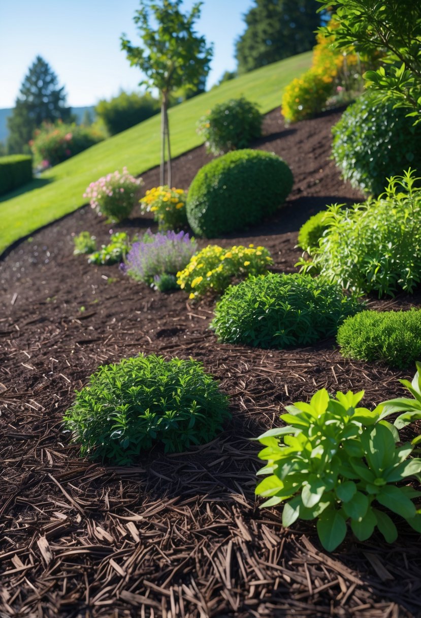 A garden on a hillside with dark mulch around green plants and shrubs under a clear sky.