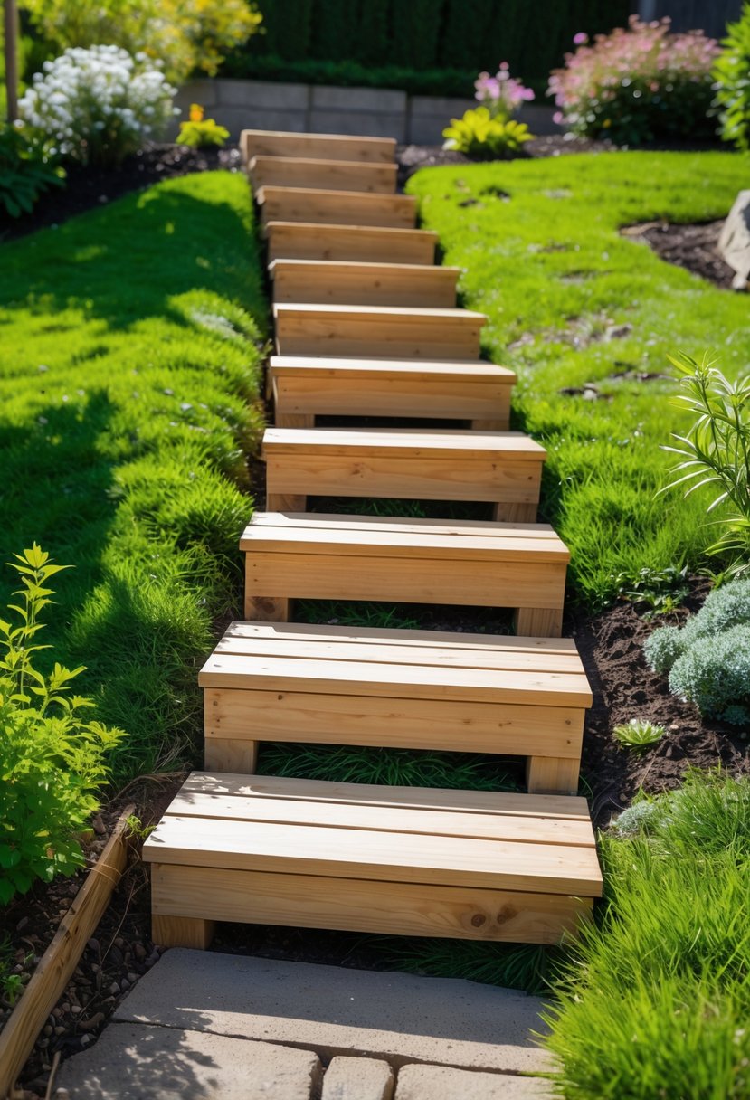 Wooden steps installed on a grassy hill in a garden with green plants and shrubs around.