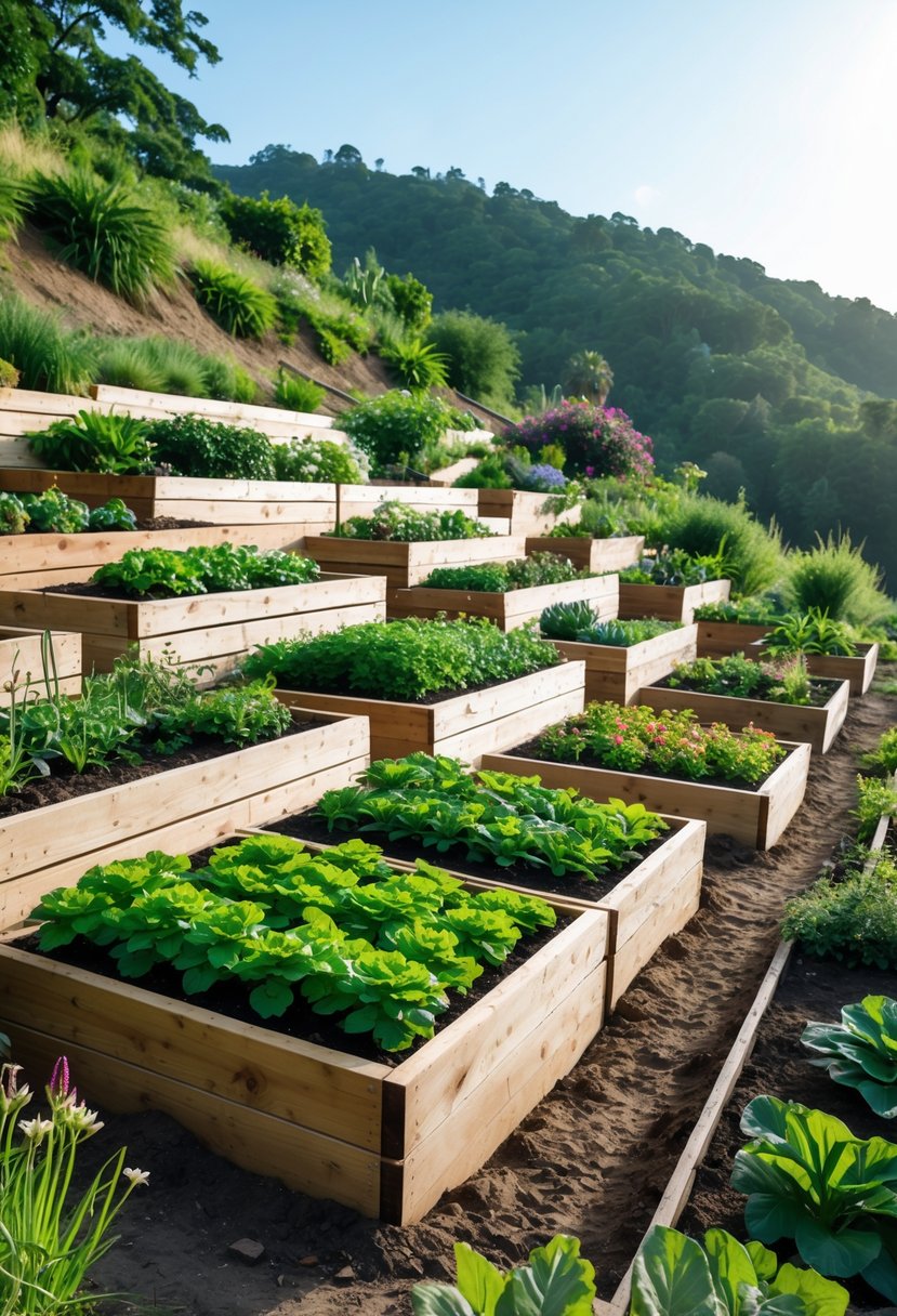 A hillside garden with wooden raised beds arranged in terraces filled with green plants and flowers.
