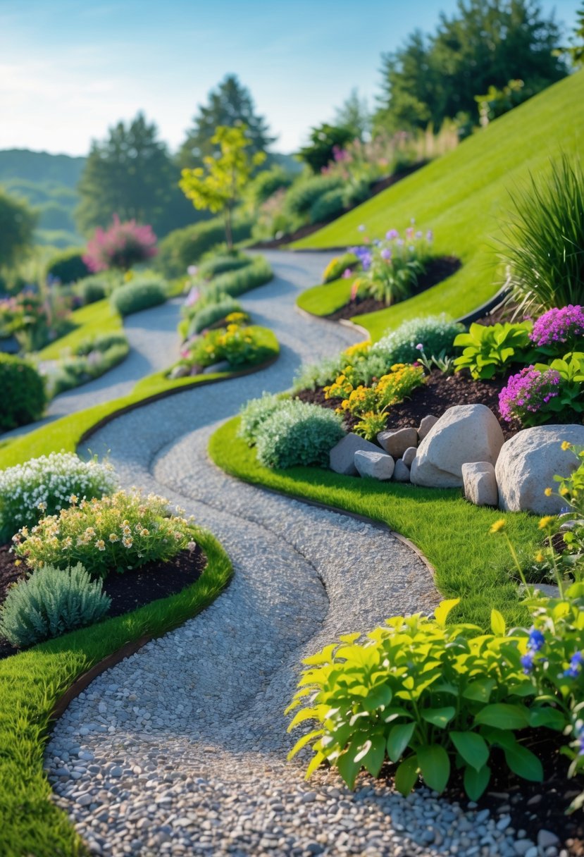A winding gravel path curves up a grassy hill surrounded by flowering plants and shrubs under a clear blue sky.