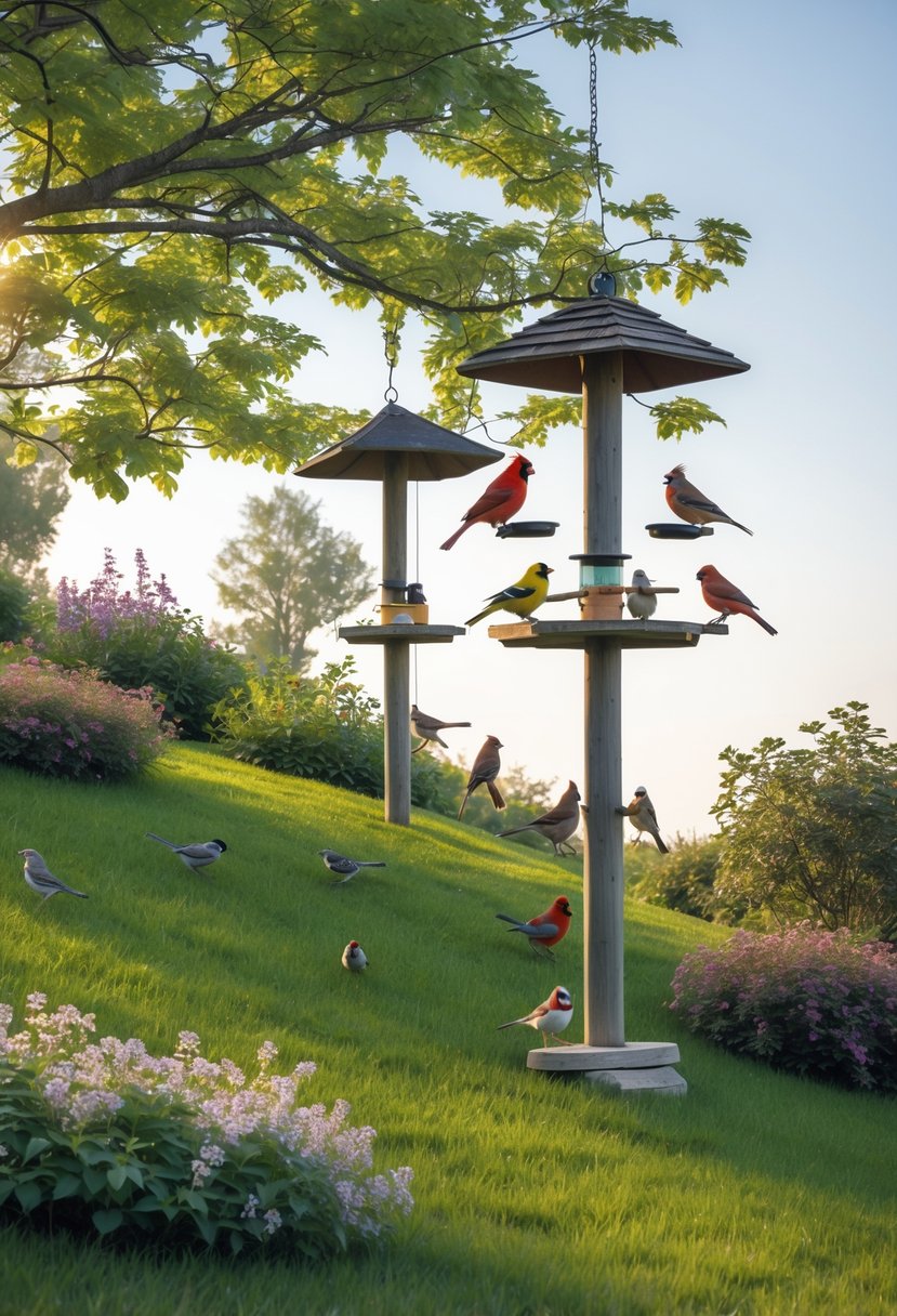 A garden on a gentle hill with bird feeders attracting colorful birds among green grass and flowering plants under a clear sky.