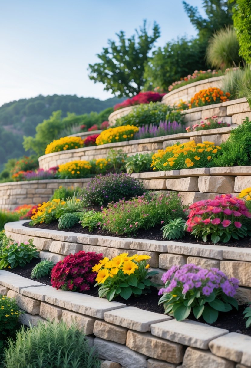 A hillside garden with colorful perennial flowers arranged along terraced stone borders.
