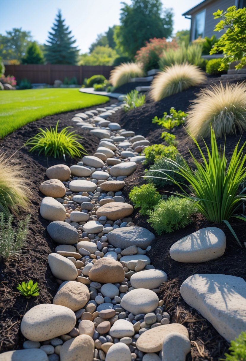 A dry creek bed made of river rocks winding down a garden hill surrounded by green plants and shrubs.