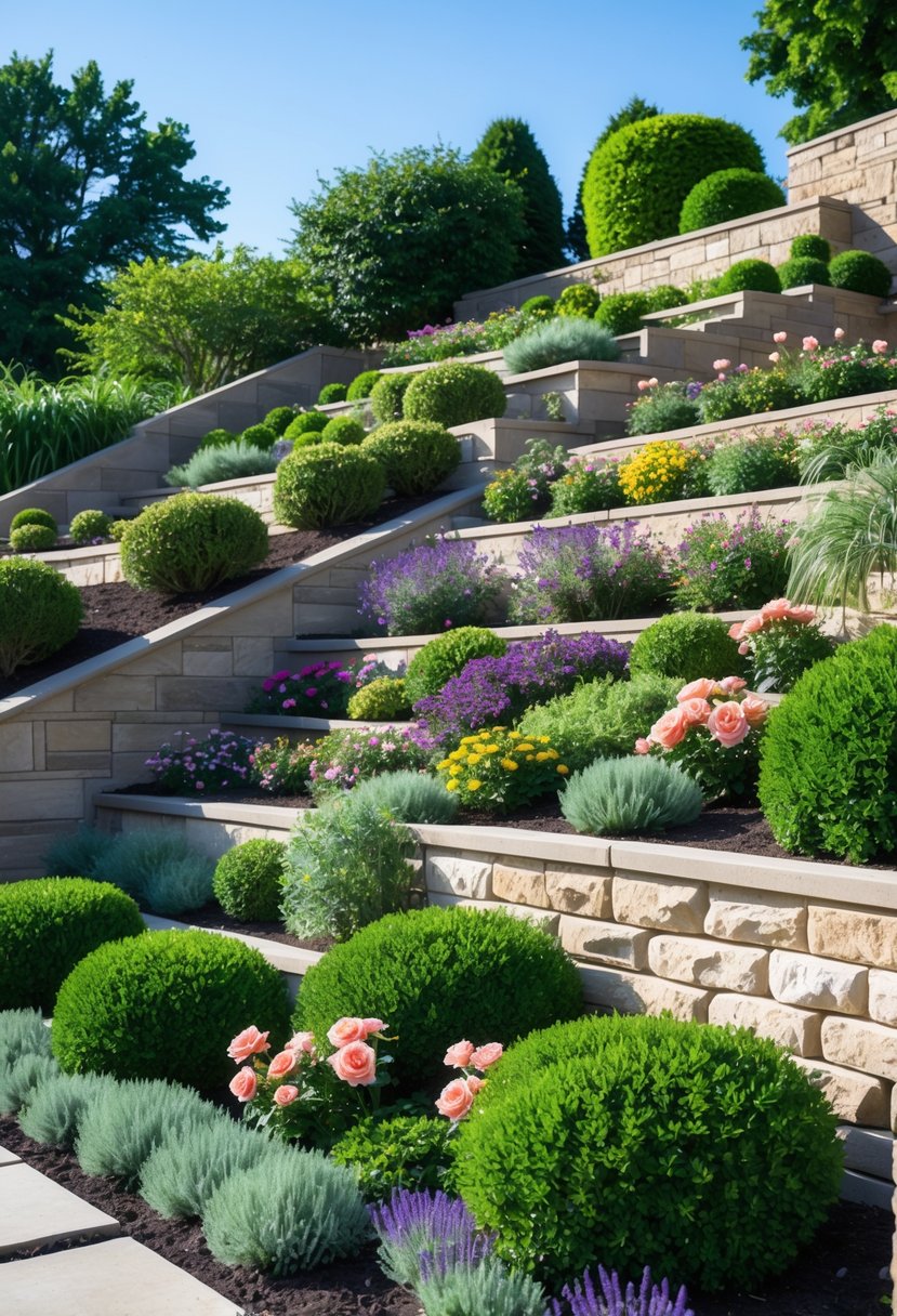 A tiered garden on a hill with shrubs and colorful flowers arranged in multiple layers.