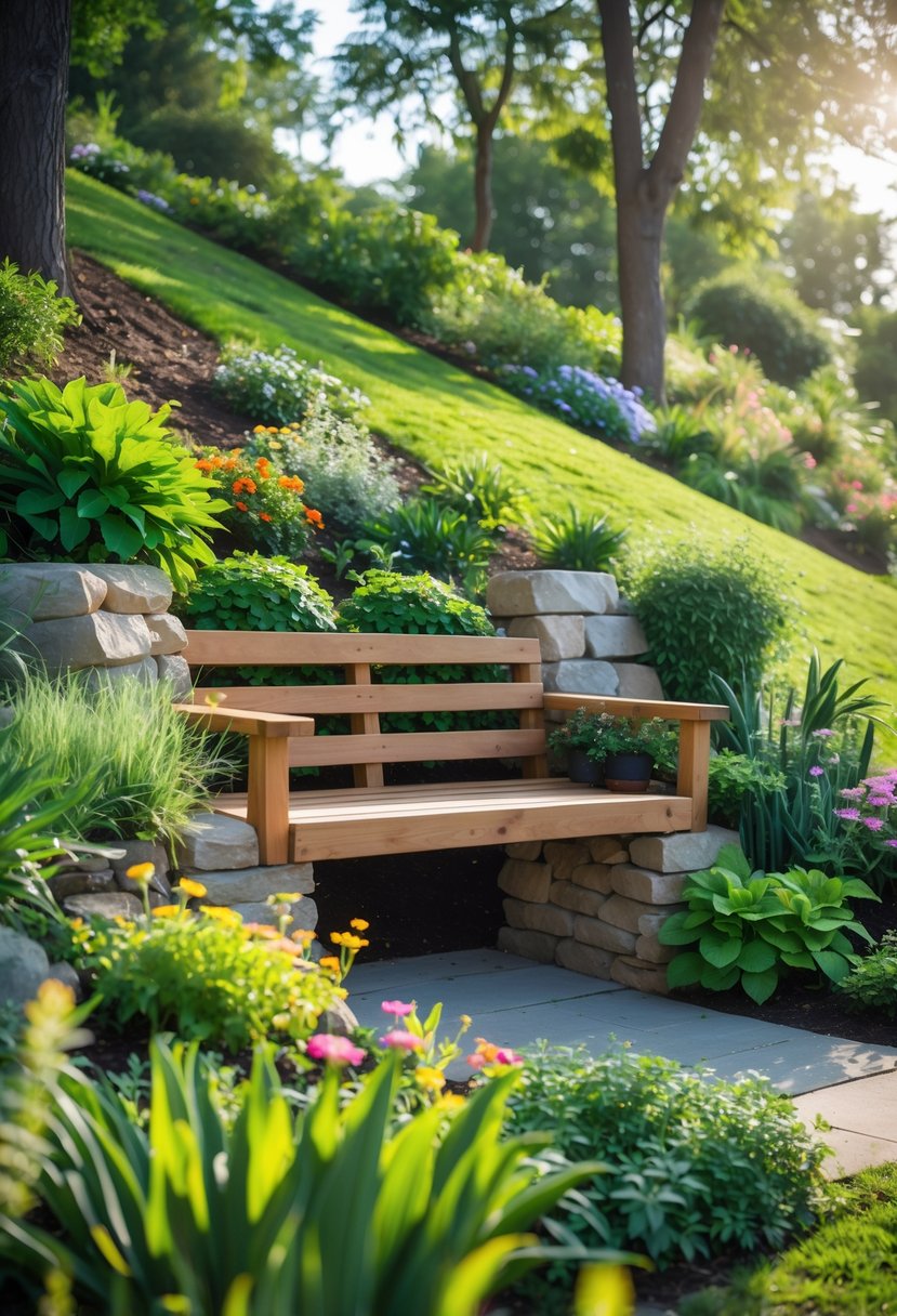 A small wooden bench nestled in a garden on a gentle hill surrounded by plants and flowers.