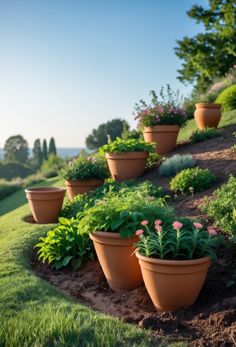 Terracotta pots with green and flowering plants arranged on a grassy hill under a clear sky.