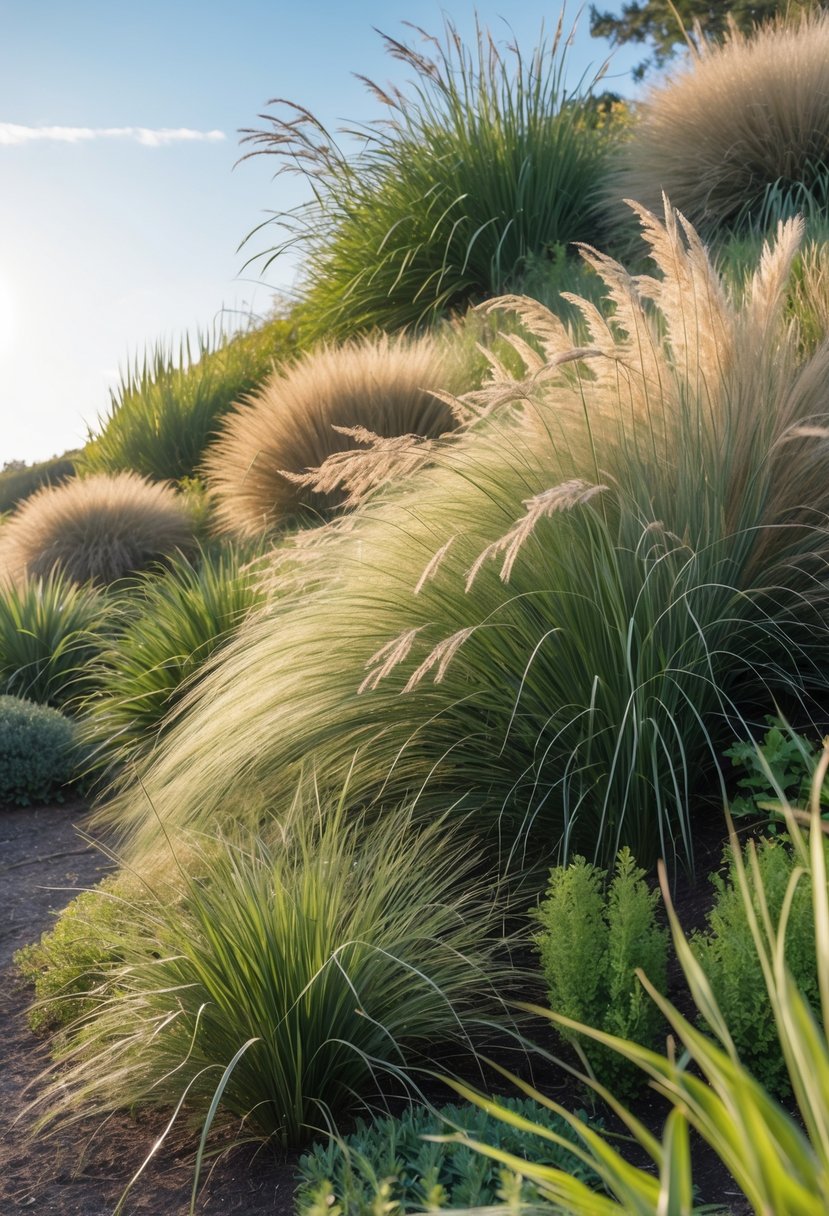 A hillside garden with various ornamental grasses gently swaying in the breeze under a clear blue sky.