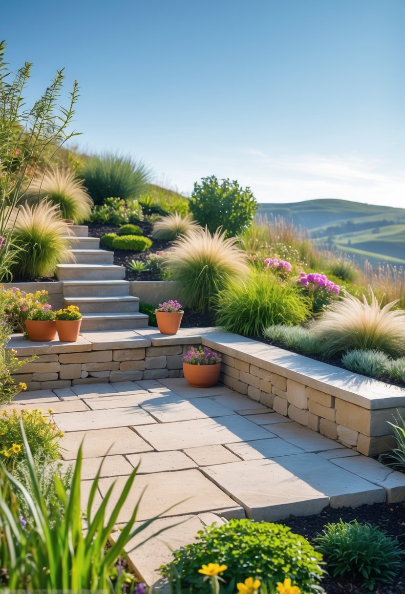 A small patio on a hill with natural stone flooring and easy-care garden plants surrounding it.
