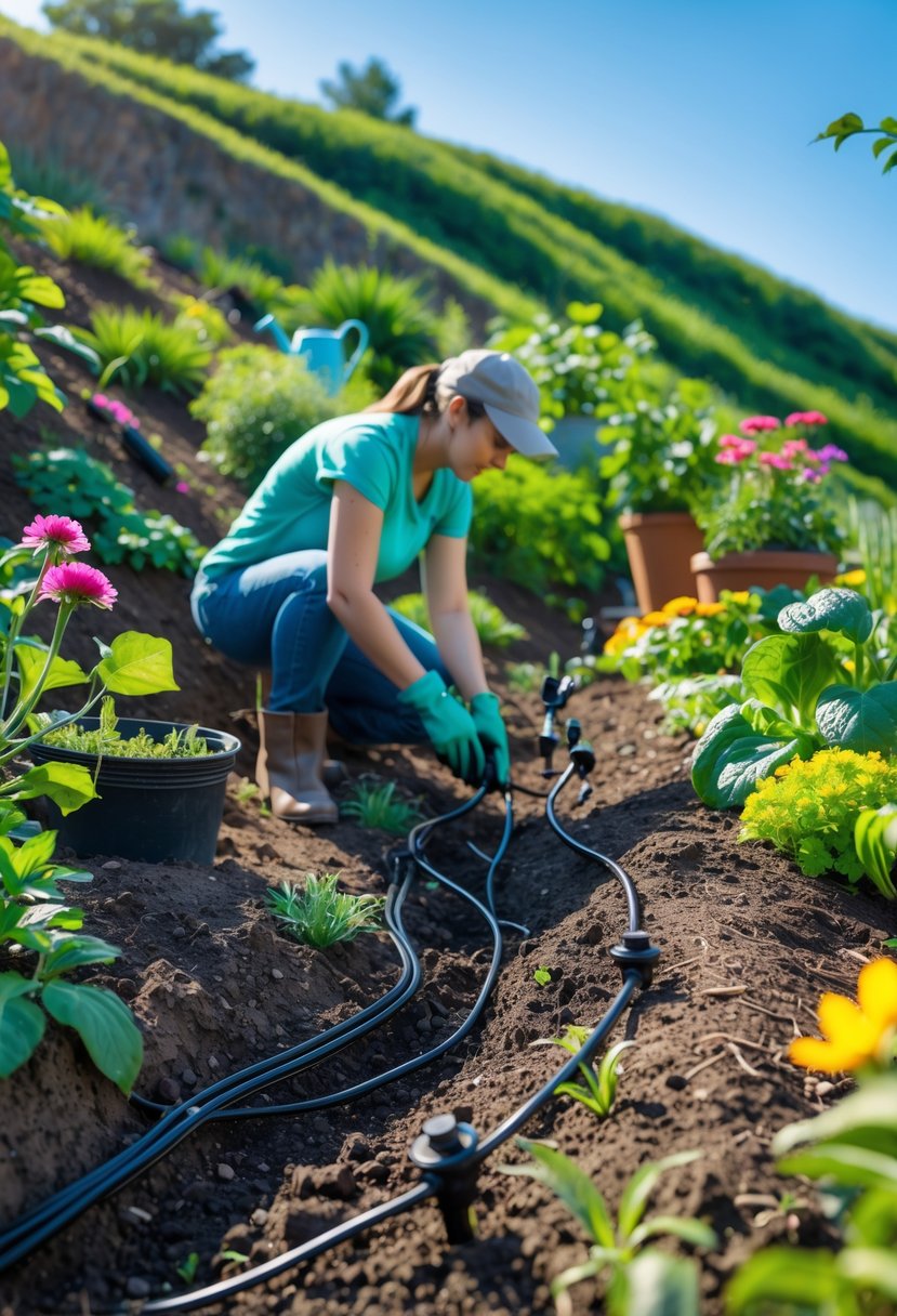 Person installing drip irrigation tubing on a sloped garden hill with plants and gardening tools nearby.