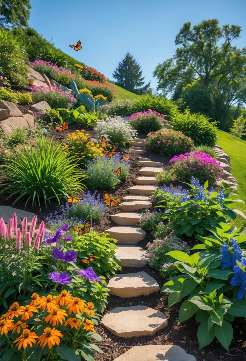 A butterfly garden on a hill with colorful flowers and butterflies flying among the plants.