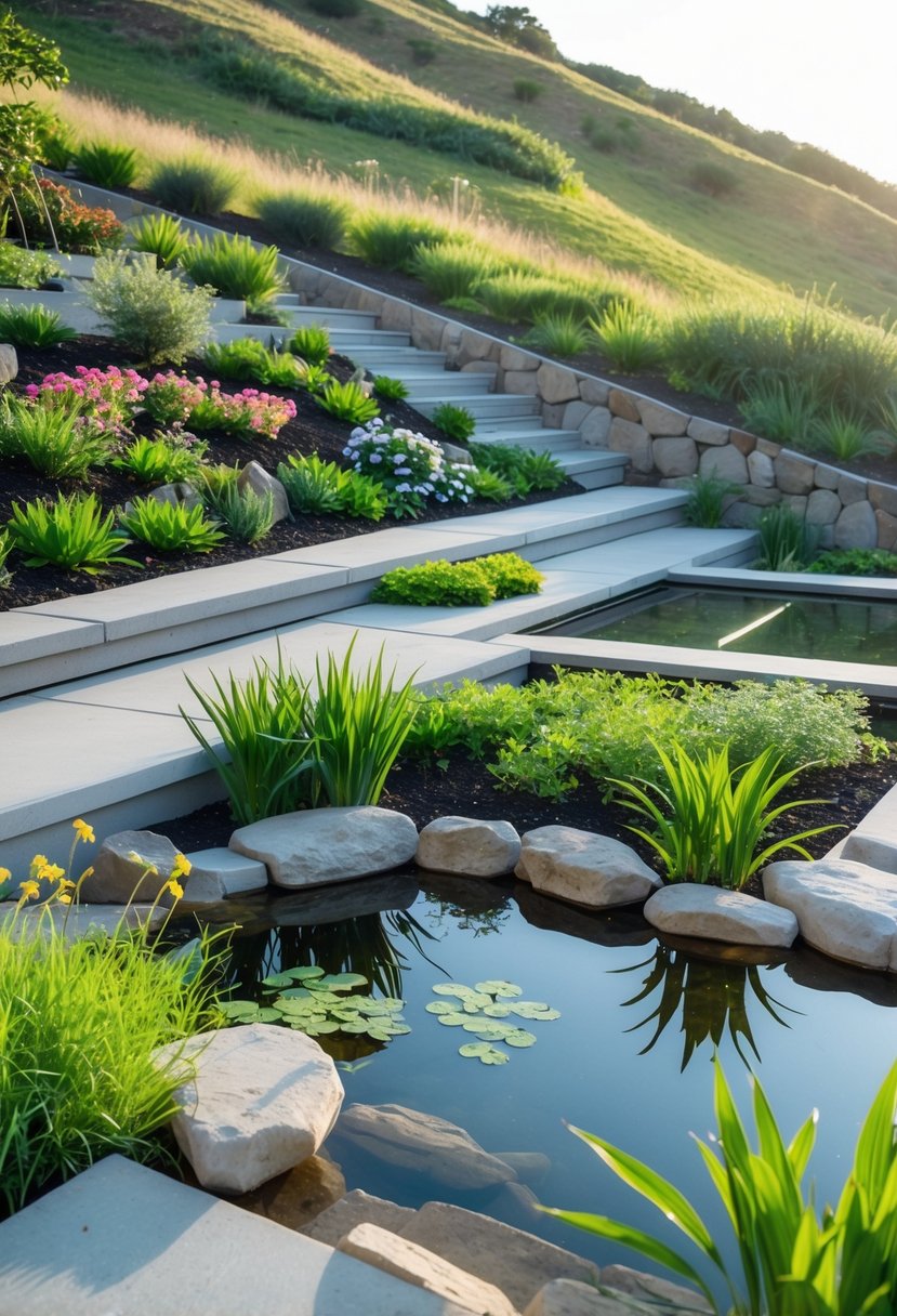 A small pond on a flat terrace garden situated on a hillside, surrounded by plants, flowers, and stone paving.