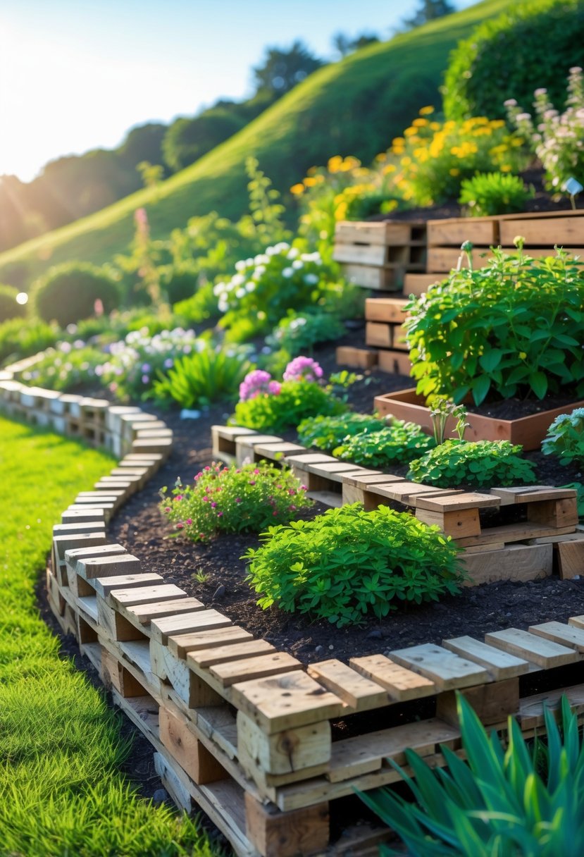 A garden on a hill with borders made from recycled materials surrounding flowering plants and shrubs under a clear blue sky.