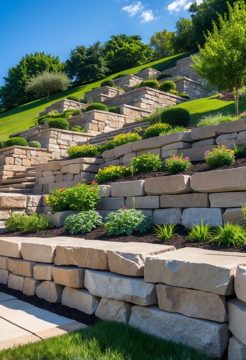 A hillside garden with stone retaining walls creating terraces planted with grass and colorful flowers.
