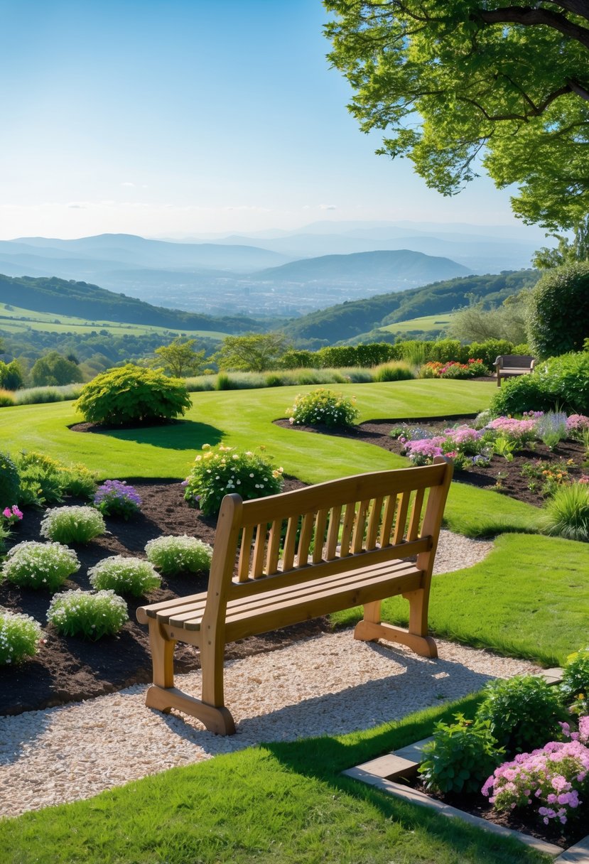 A wooden bench on a hill overlooking a garden with flowers and distant hills under a clear sky.