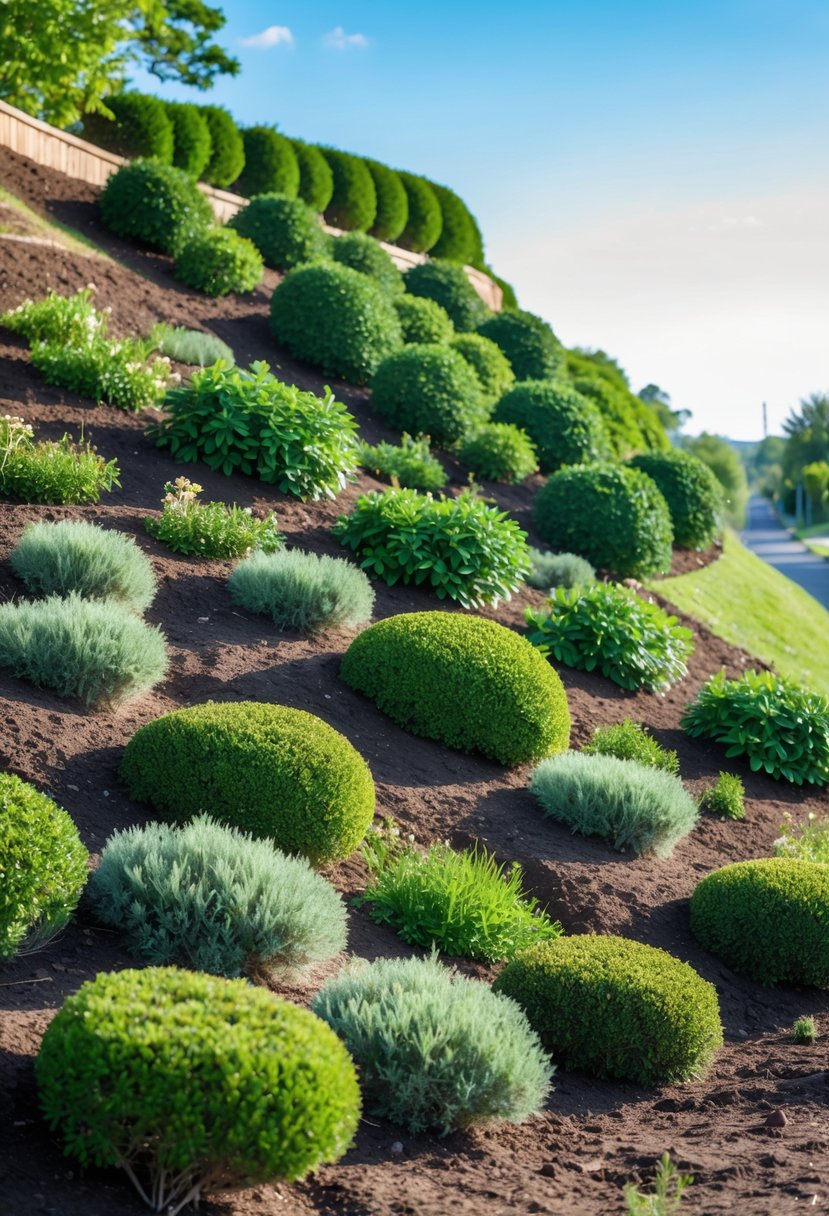 A hillside garden with layered shrubs planted to create privacy and depth under a clear sky.