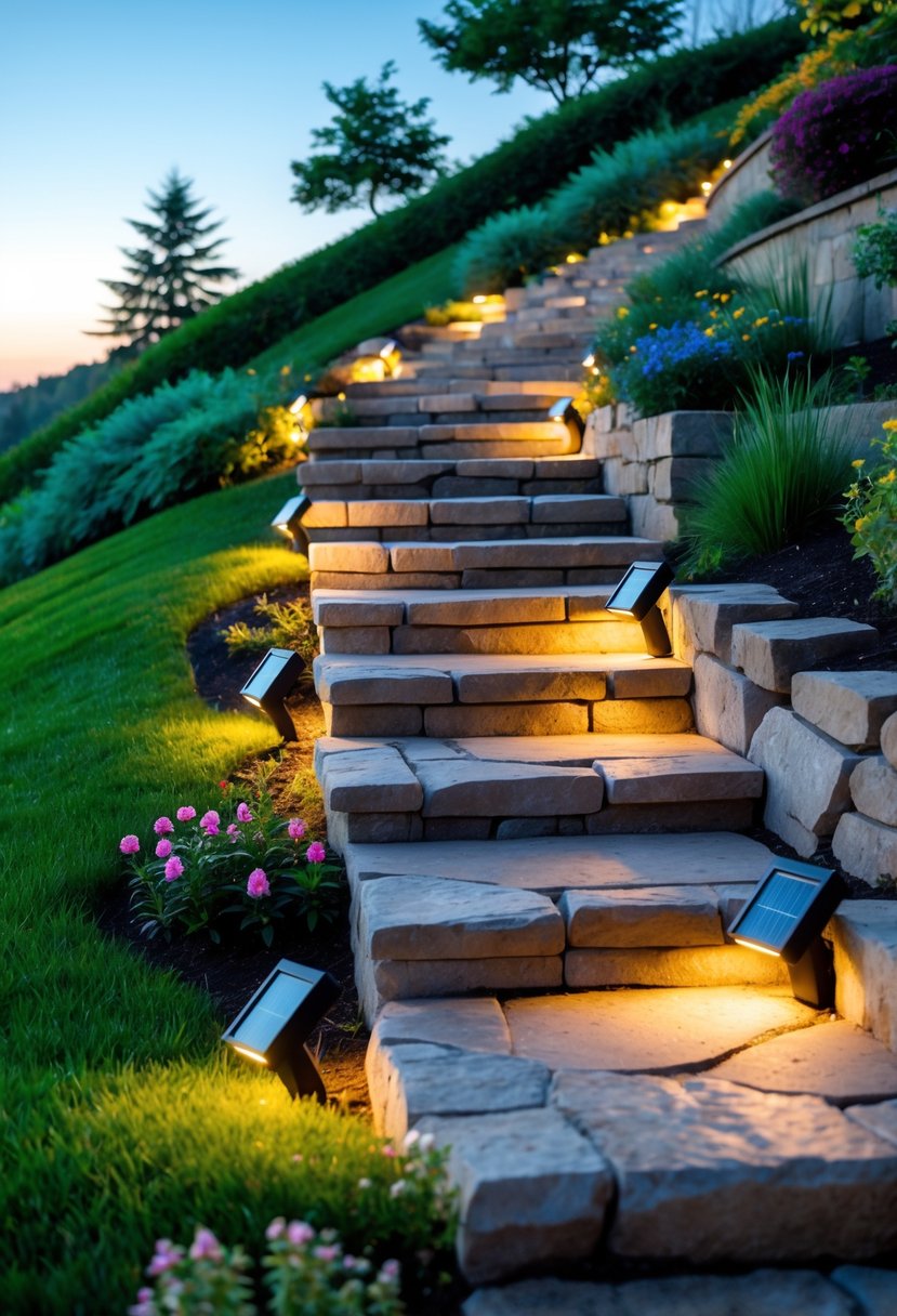 A garden stairway on a hill lined with solar pathway lights surrounded by plants and flowers.