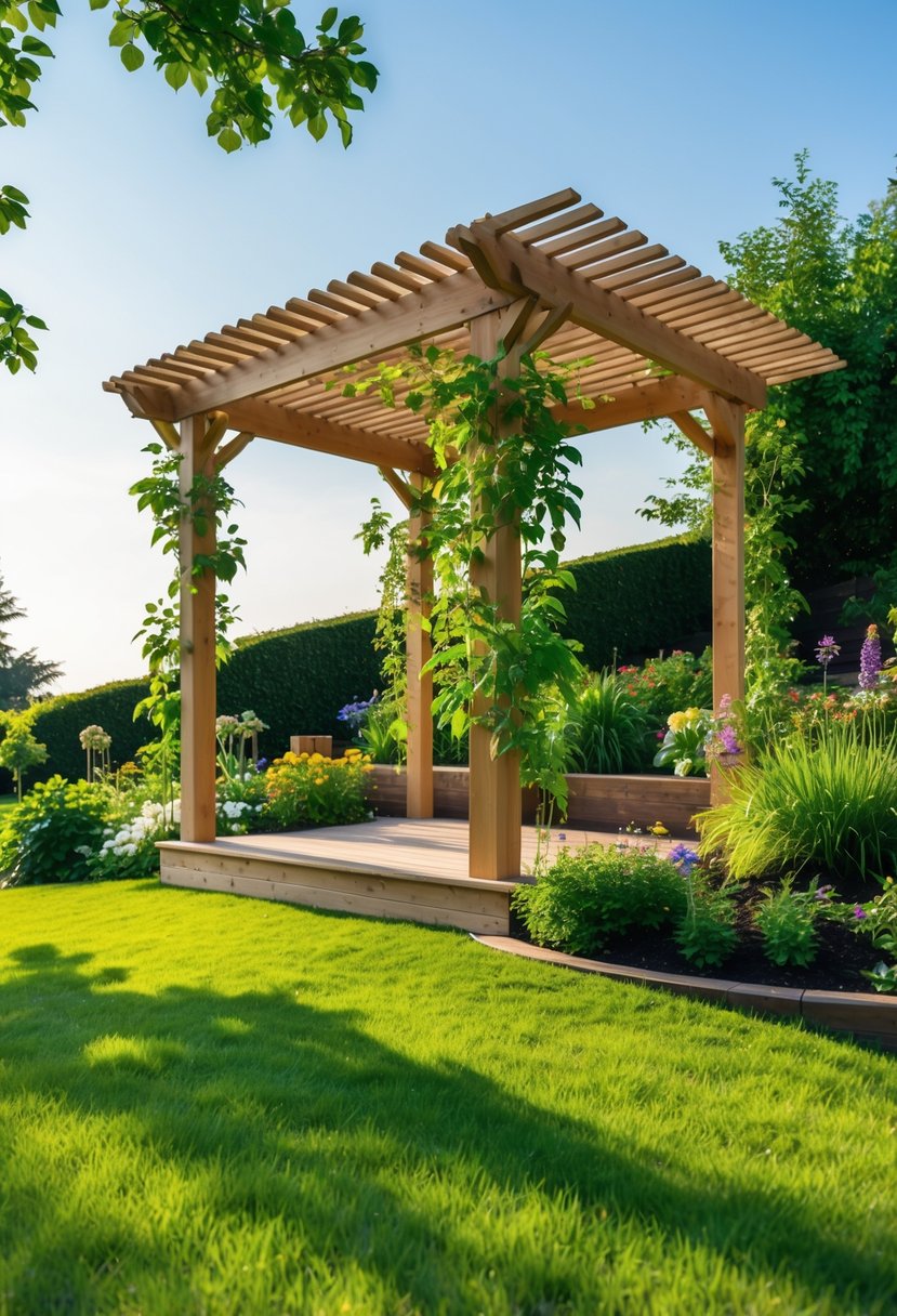 Wooden pergola on a garden hill with climbing plants and flowers providing shade.